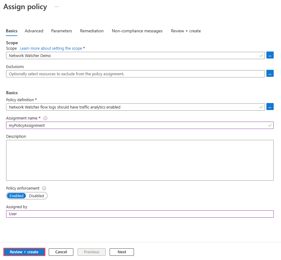 Screenshot of the Basics tab to assign an audit policy in the Azure portal.