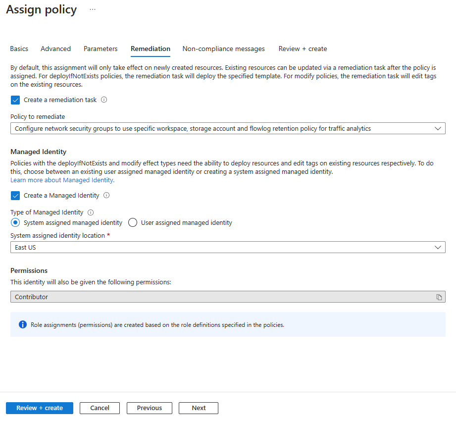 Screenshot of the Remediation tab of assigning a deploy policy in the Azure portal.