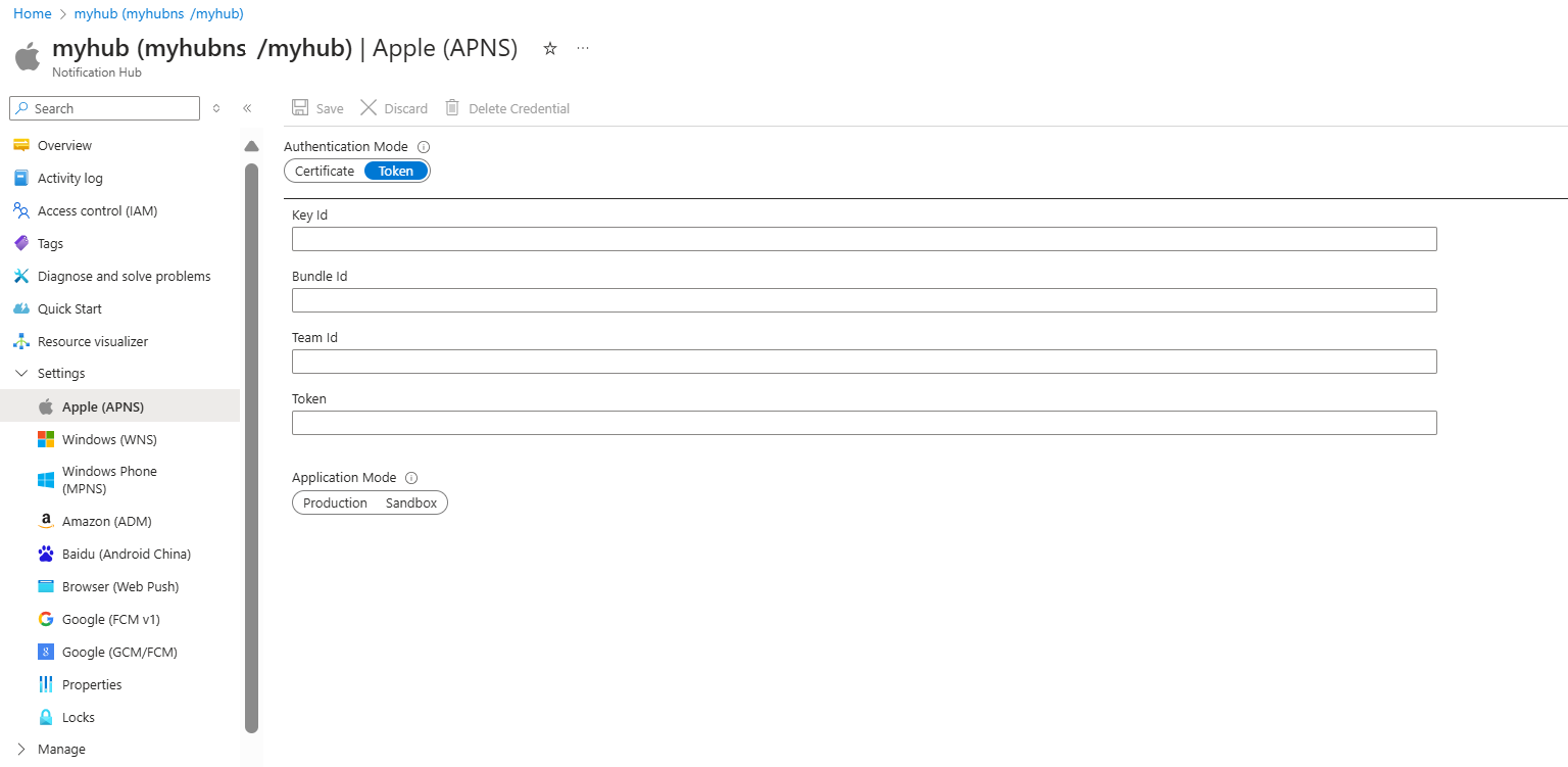 Screenshot of an APNS token configuration in the Azure portal