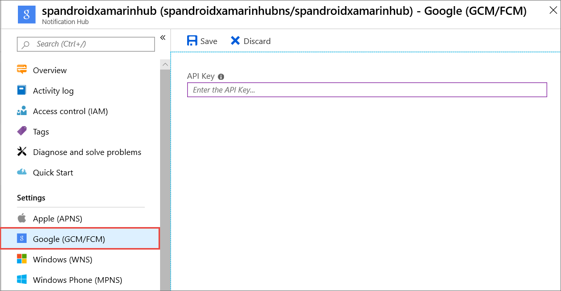 Screenshot of Notification Hub in Azure Portal with Google G C M F C M option highlighted and outlined in red.