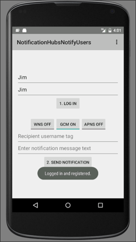 Screenshot of an app. A toast message confirming that the user is signed in and registered is visible, and the Send Notification button is turned on.