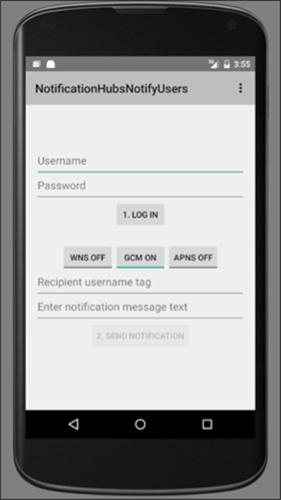 Screenshot of an app with boxes for the username, password, recipient, and message, and with buttons for signing in and sending notifications.