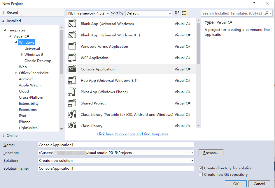 Screenshot of the New Project dialog box with the Console Application Visual C# option highlighted.