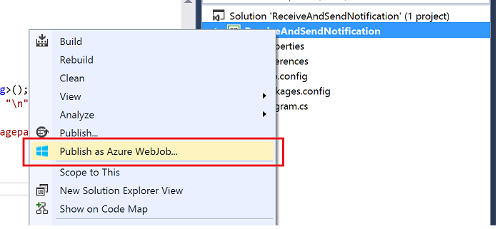Screenshot of the right-click options being displayed with Publish as Azure WebJob outlined in red.