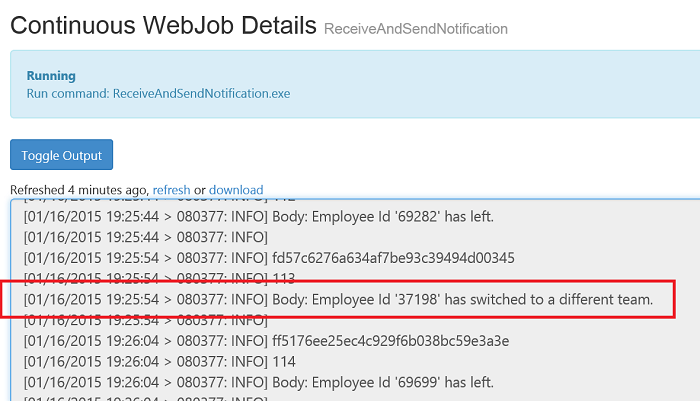 Screenshot of the Continuous WebJob Details dialog box with the message that is sent outlined in red.