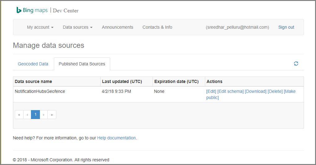 Screenshot of Bing Maps Dev Center on the Manage Data Sources page with the Published Data Sources tab selected.