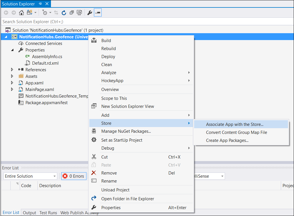 Screenshot of the Solution right-click menu with the Store and Associate App with the Store options highlighted.