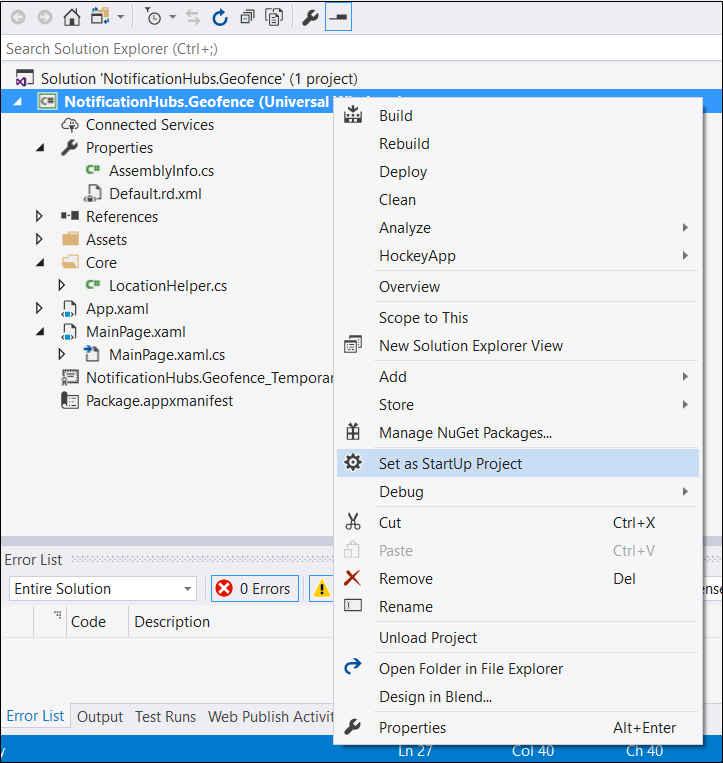 Screenshot of the Solution right-click menu with the Set as StartUp Project option highlighted.