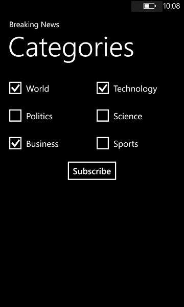 Mobile app with categories