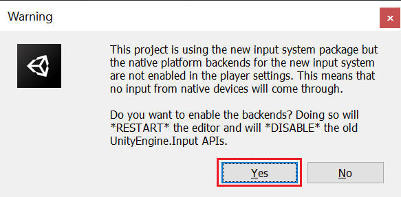 Screenshot shows a dialog that contains a warning with the Yes button highlighted.