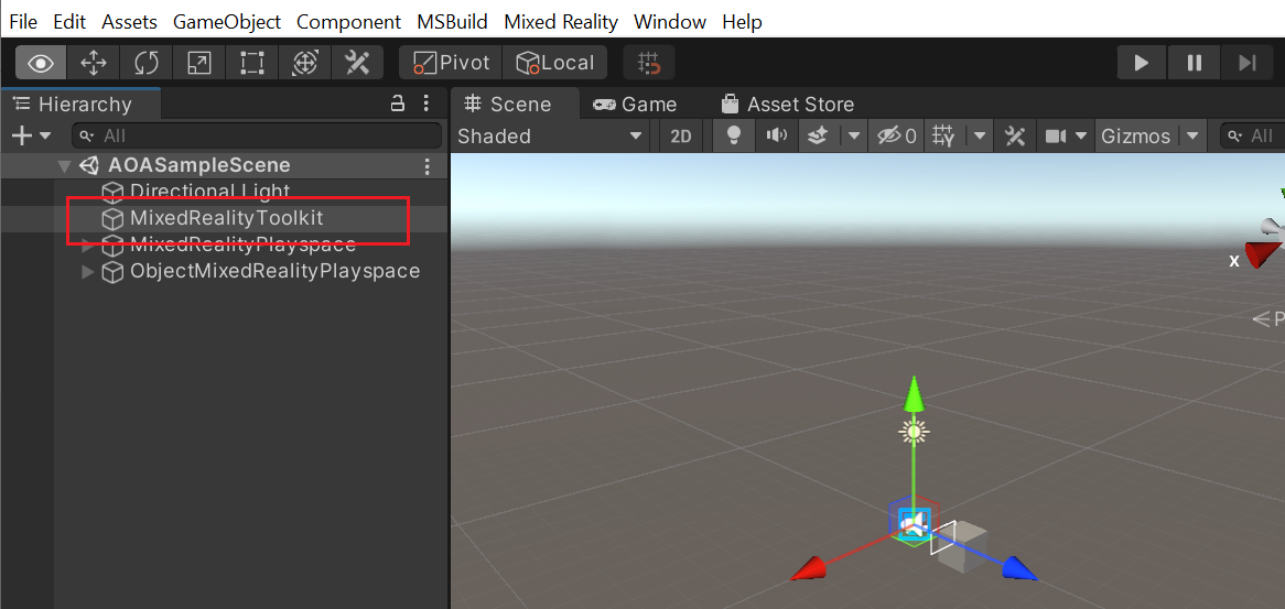 Screenshot shows the Unity Editor with the MixedRealityToolkit highlighted.