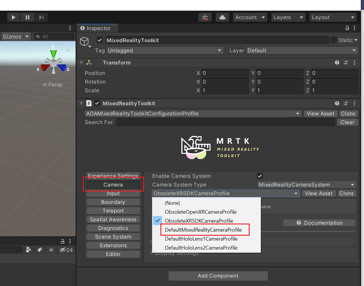 Screenshot shows the Unity Editor with Camera and DefaultMixedRealityCameraProfile highlighted.