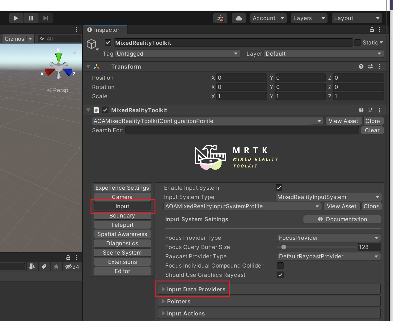 Screenshot shows the Unity Editor with Input and Input Data Providers highlighted.
