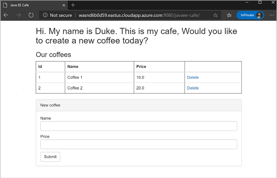 Screenshot of JavaEE Cafe Web UI.