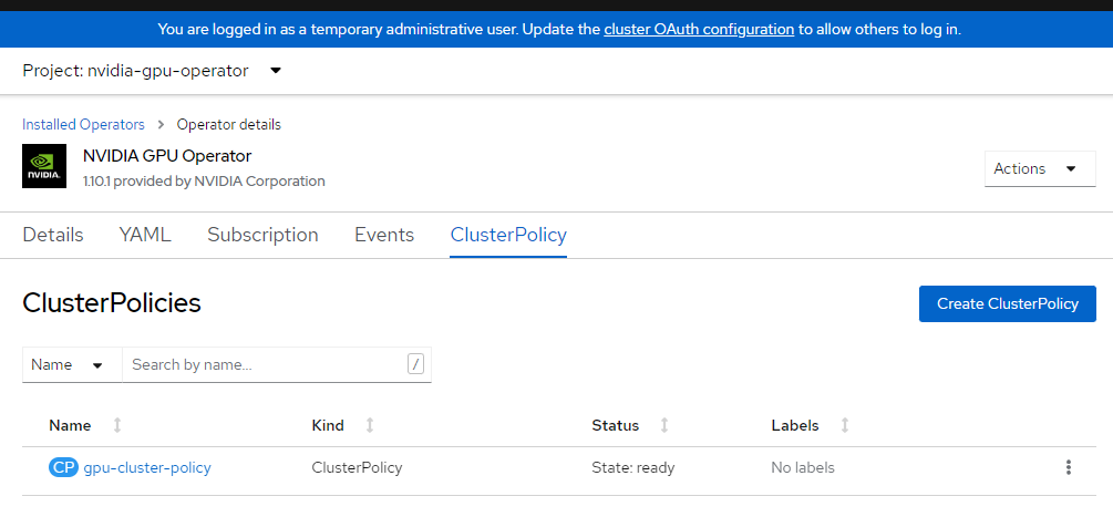 Screenshot of existing cluster policies on OpenShift console.