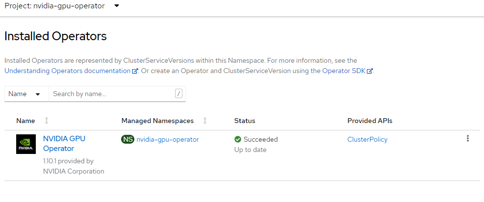 Screenshot of installed operators on namespace.