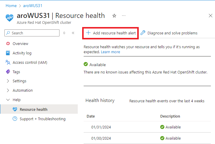 Screenshot showing Resource health window with Add resource health alert button highlighted.