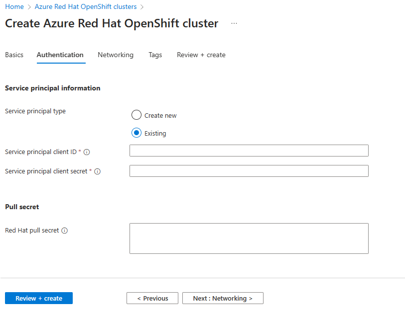 Screenshot that shows how to use the Authentication tab with Azure portal to create a service principal.