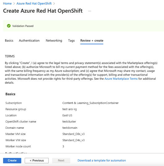 Review + create tab on Azure portal