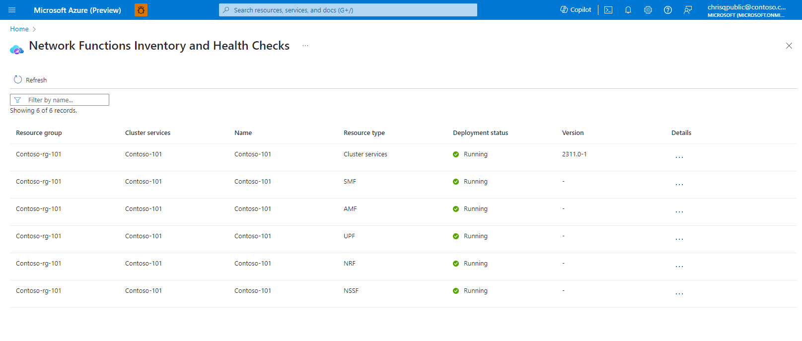 screenshot displaying the Azure Operator 5G Core health check and network functions inventory. A column listing deployment status indicates the status of each resource deployed.