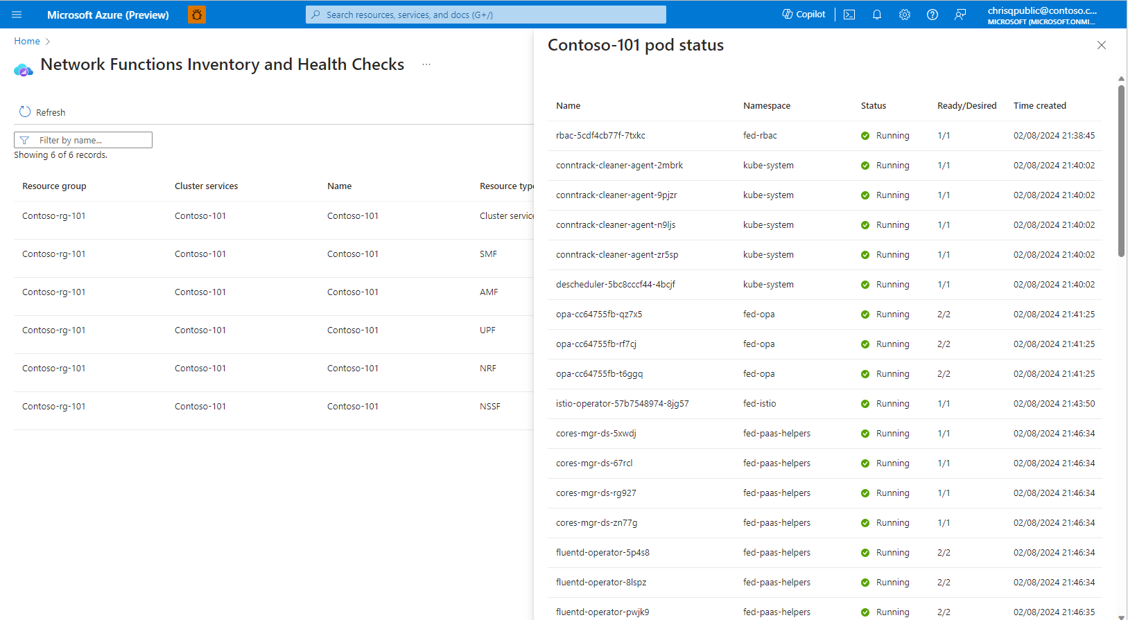 screenshot displaying the Azure Operator 5G Core health check and network functions inventory. A detail shows operational status of pods in a cluster.