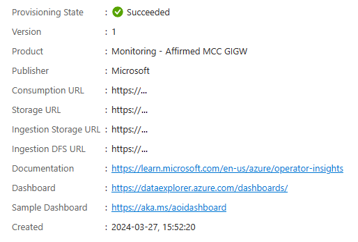 Screenshot of the Azure portal displaying properties of a Data Product, including the version, product, publisher, and ingestion and consumption URLs.
