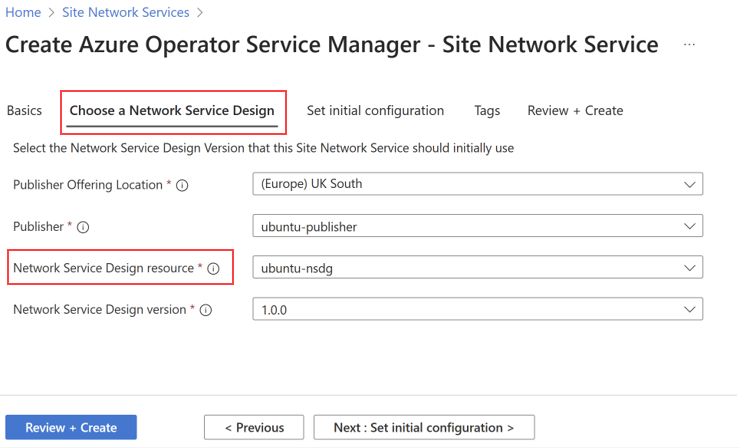 Screenshot showing the Choose a Network Service Design tab and Network Service Design resource.