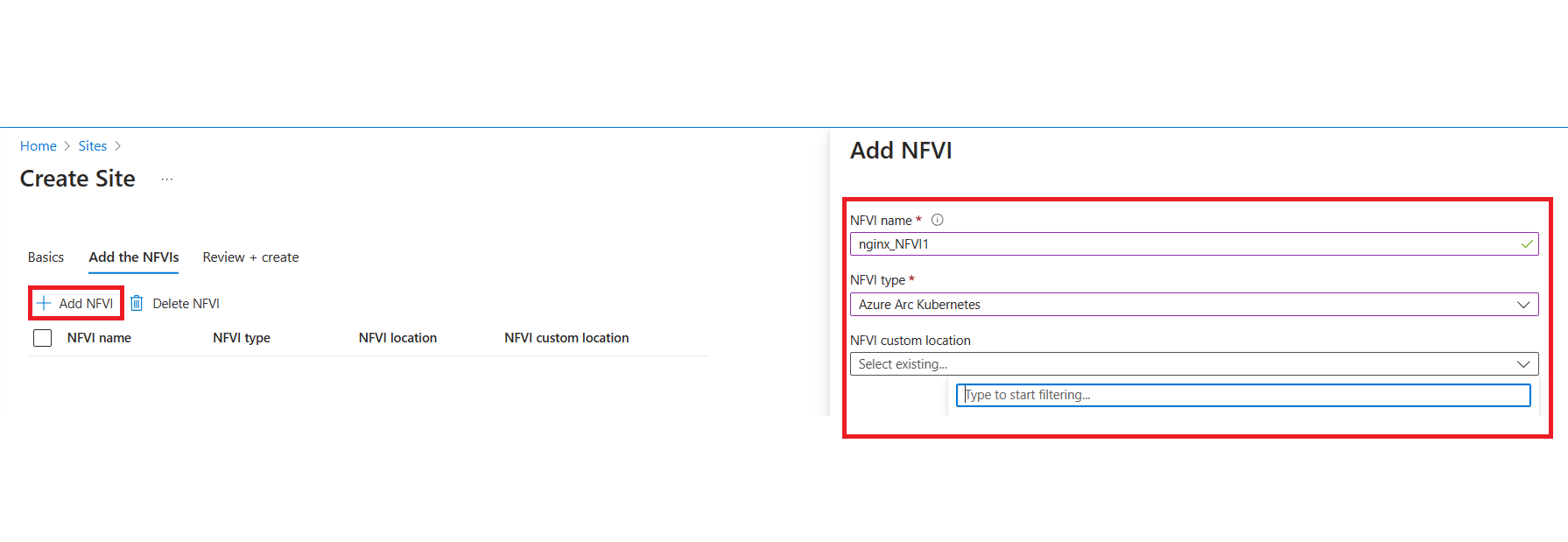 Screenshot showing the Add the NFVIs table to enter the name, type and location of the NFVIs.