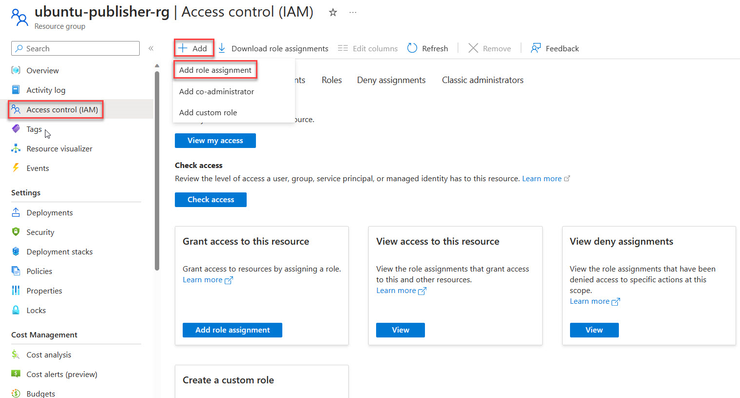 Screenshot showing the publisher resource group access control page.