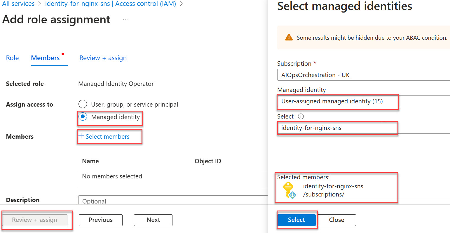 Screenshot showing the select managed identities with user assigned managed identity.