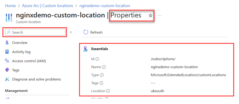 Screenshot showing the search field and Properties  information.