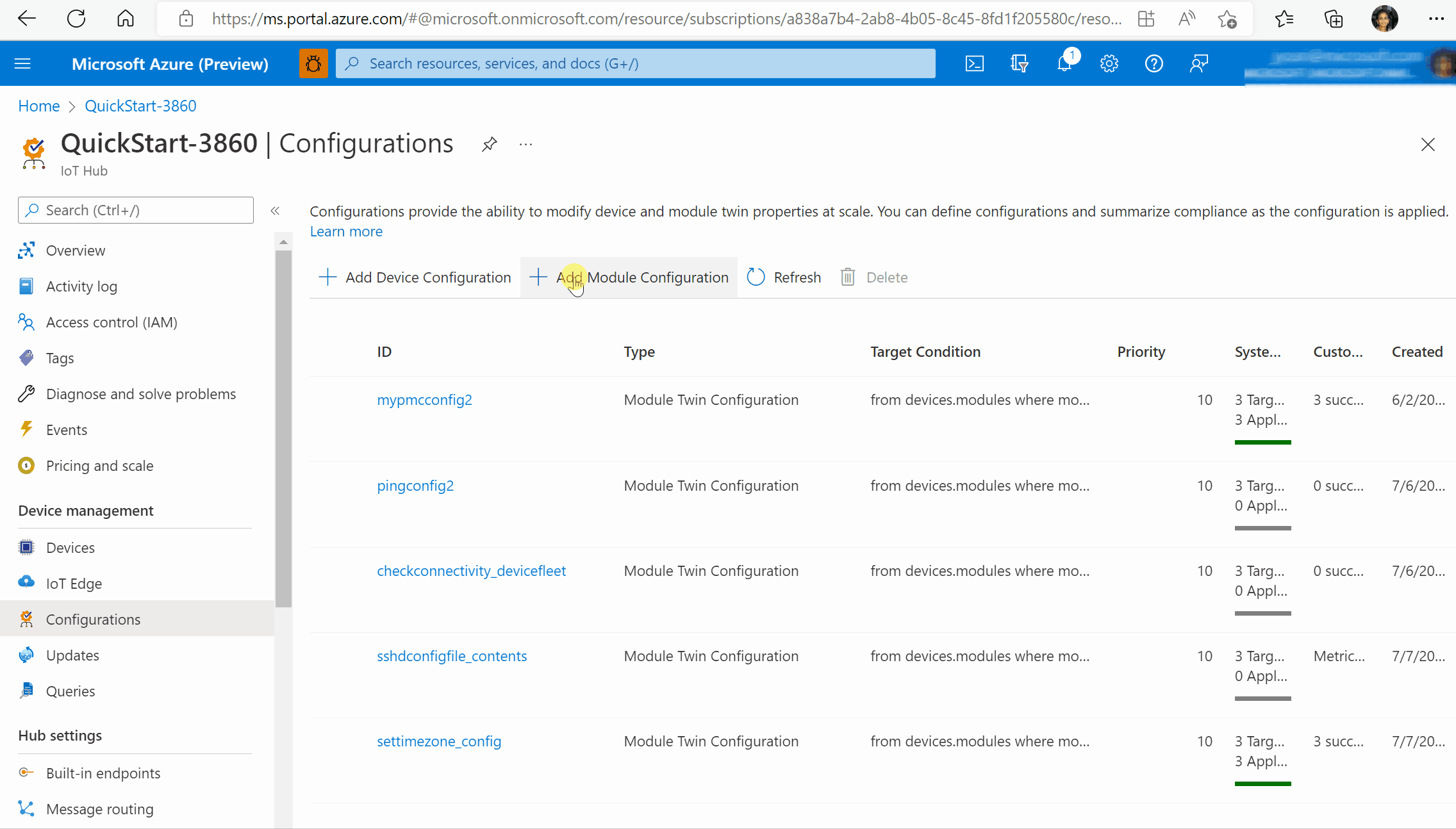 Screen capture showing how to create a configuration for updating timezone for a fleet of devices from Azure Portal