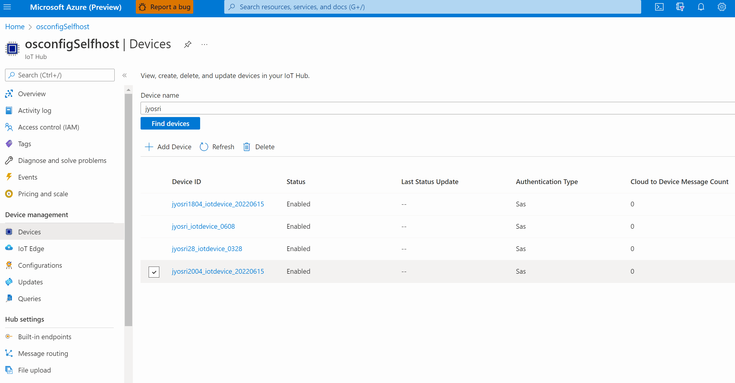 Screen capture showing the desired twin contents for a ping command using OSConfig module for a single device from Azure Portal