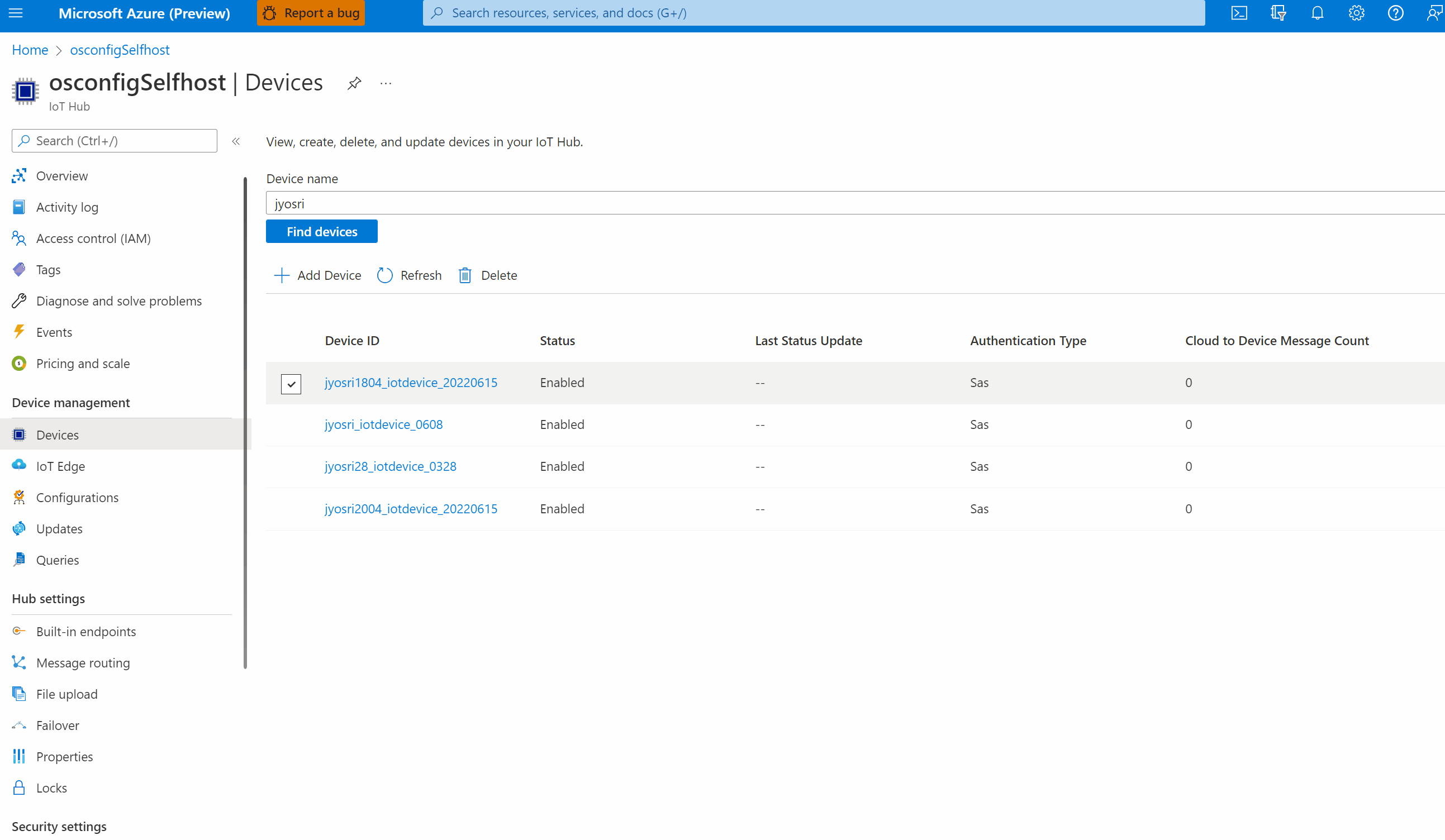 Screen capture showing OSConfig module twin that shows the requested file contents from a single device from Azure Portal