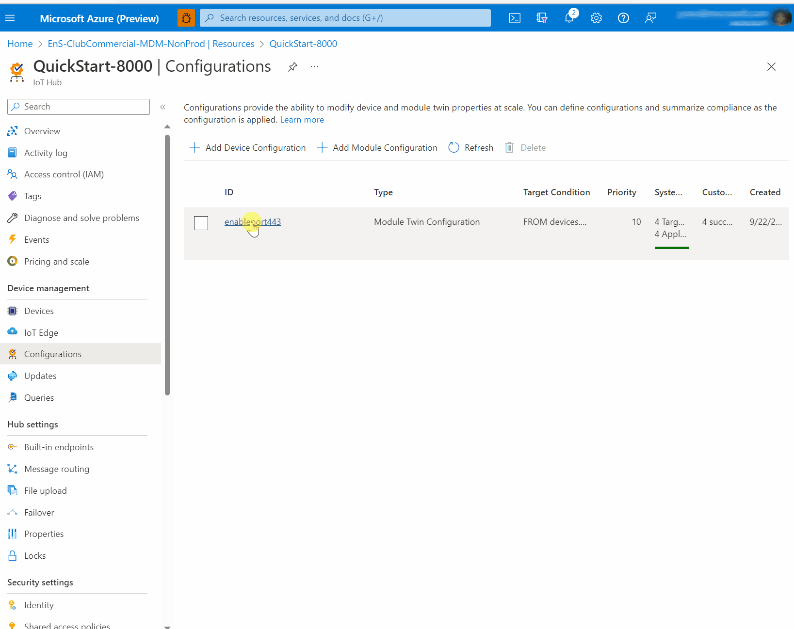 Screen capture showing how to create verify metrics after a configuration for setting firewall rules for a fleet of devices is applied from Azure Portal