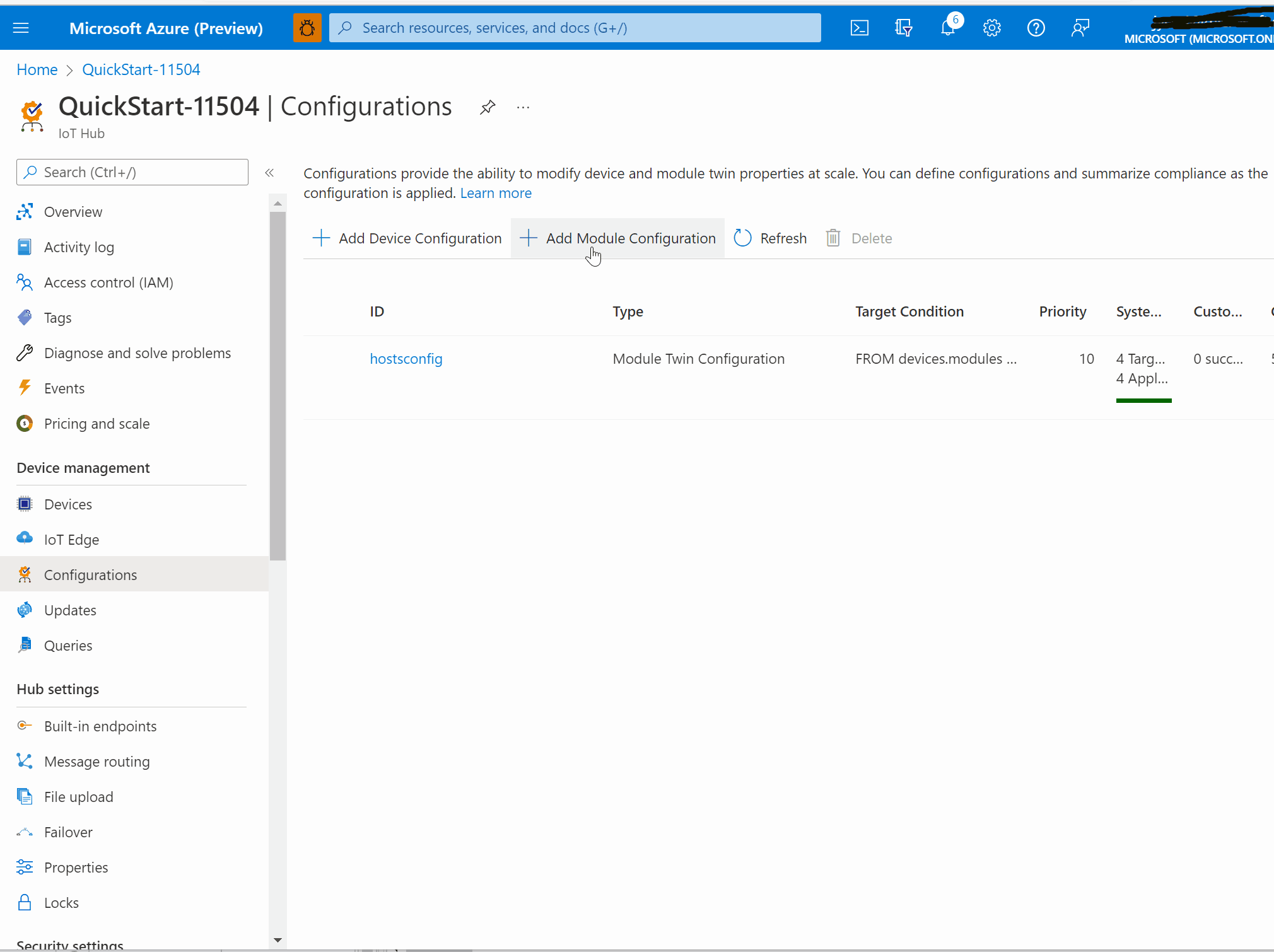 Screen capture showing how to update hosts file using Configuration from Azure Portal