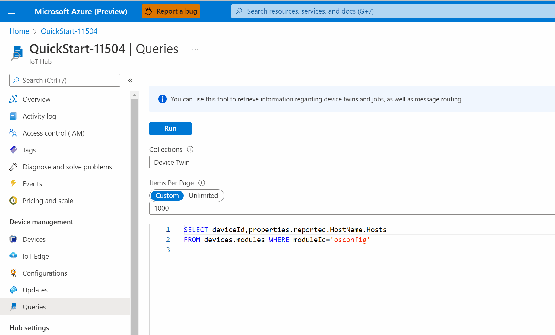 Screen capture that shows how to query current host configuration from Azure Portal