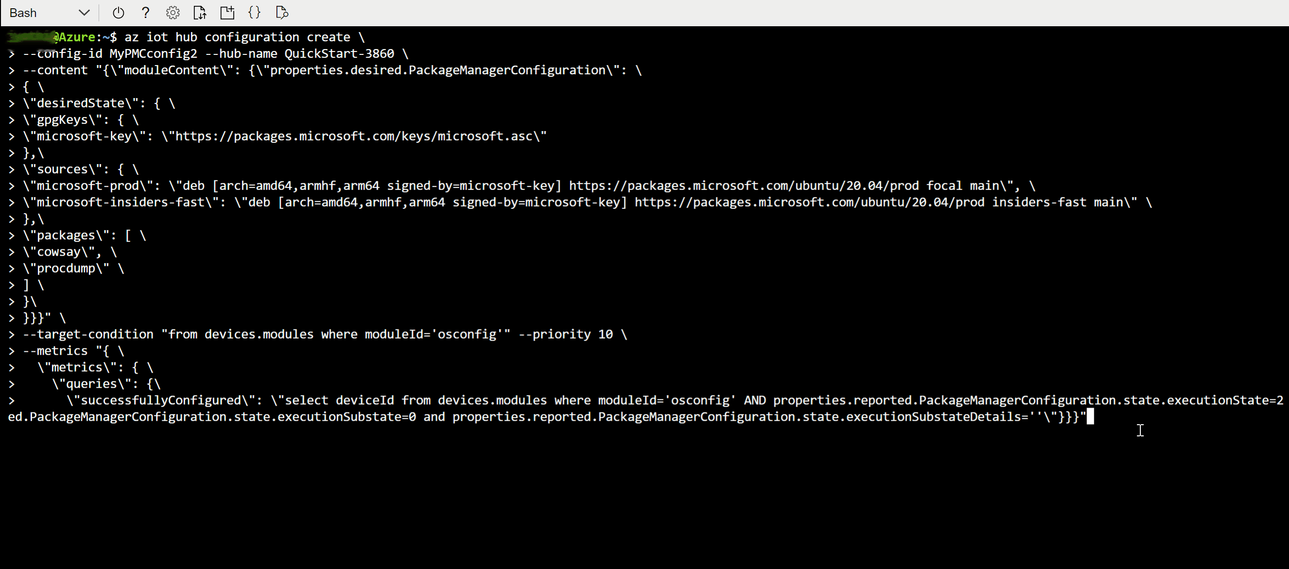 Screen capture showing how to create a package manager configuration for a fleet of devices from bash