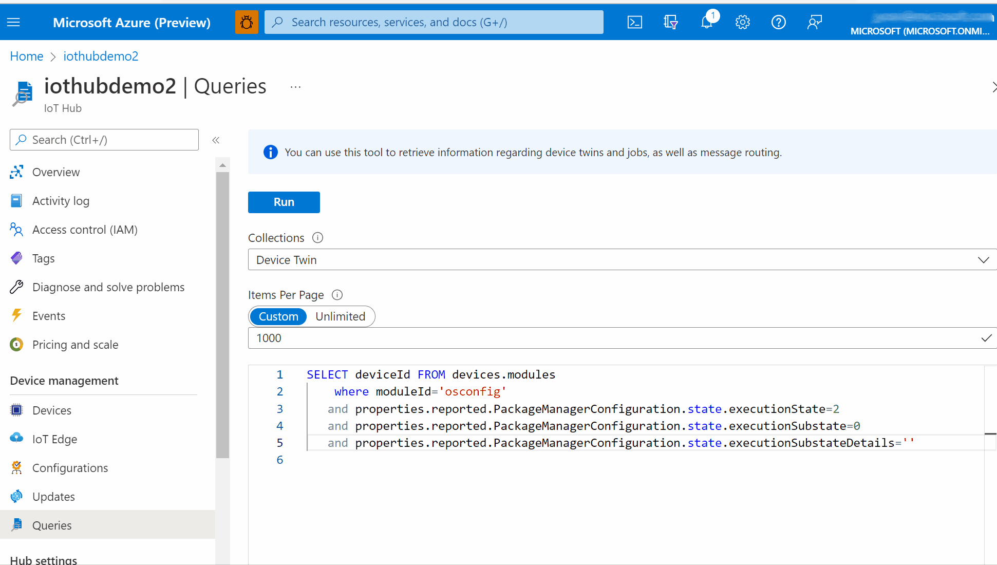 Screen capture that shows how to query package manager  configuration that was successfully applied from Azure Portal