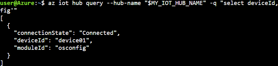 screenshot of az iot hub query command