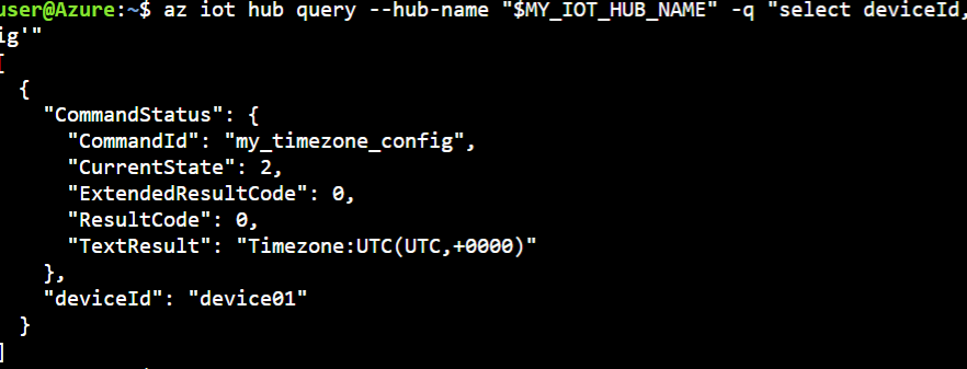 screenshot of az iot query (time zone example)