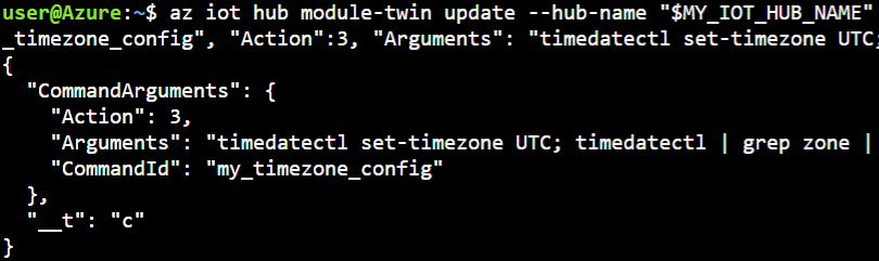 screenshot of az iot hub module-twin update command