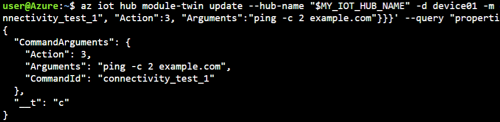 screenshot of az iot hub module-twin update command (ping example)
