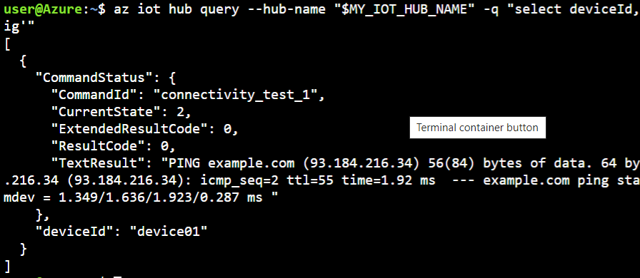 screenshot of az iot query (ping example)