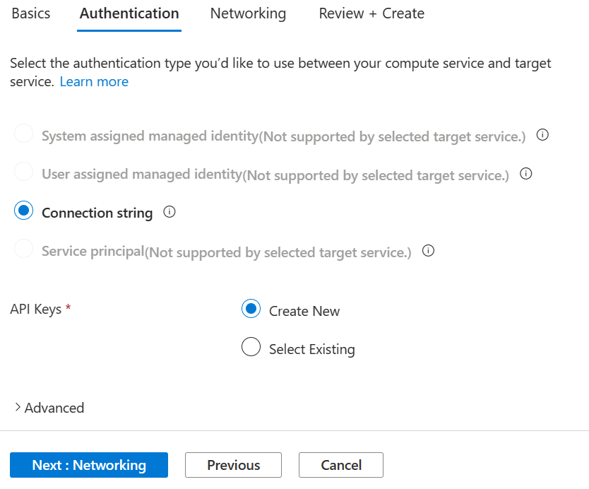 Screenshot from the Azure portal showing connection authentication settings.