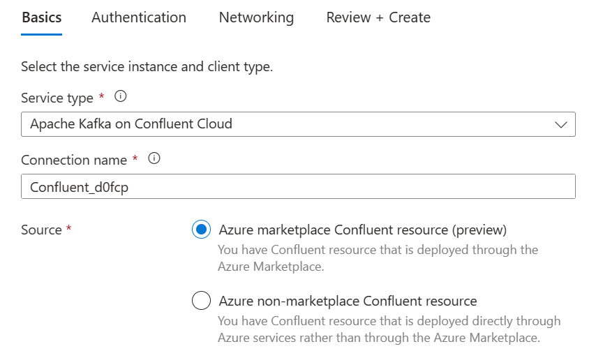 Screenshot from the Azure portal showing the Source options.