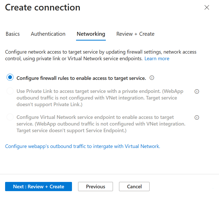 Screenshot from the Azure portal showing connection networking settings.