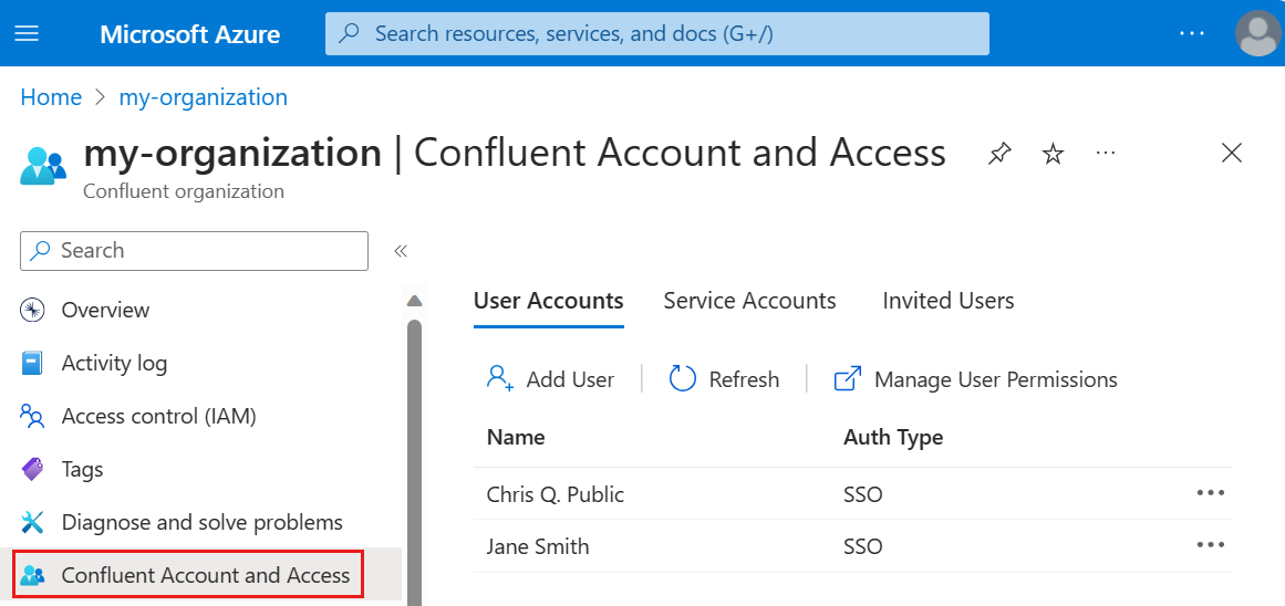 Screenshot of the Azure platform showing the Confluent Account and Access menu.