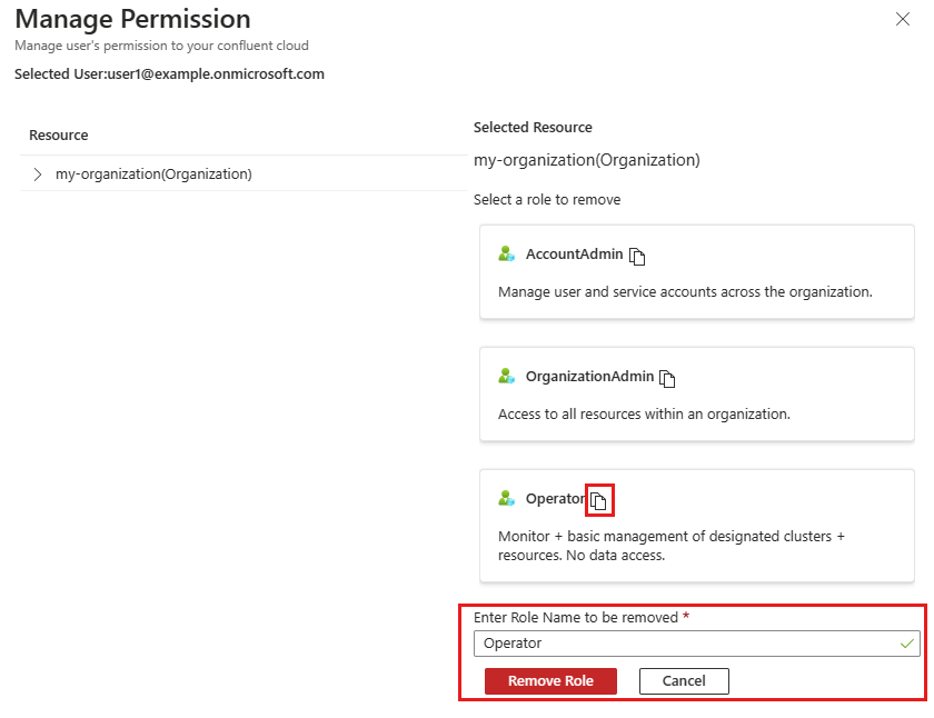 Screenshot of the Azure platform showing confirmation of Confluent organization role removal.