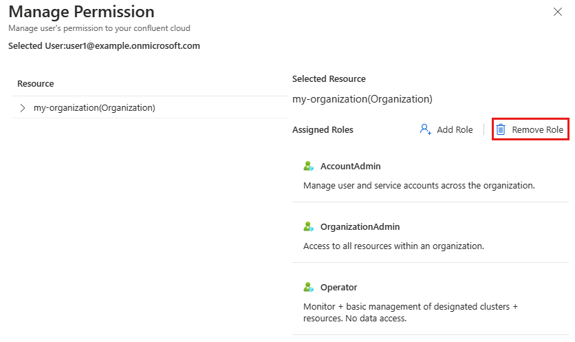 Screenshot of the Azure platform showing selecting a Confluent organization role to remove.